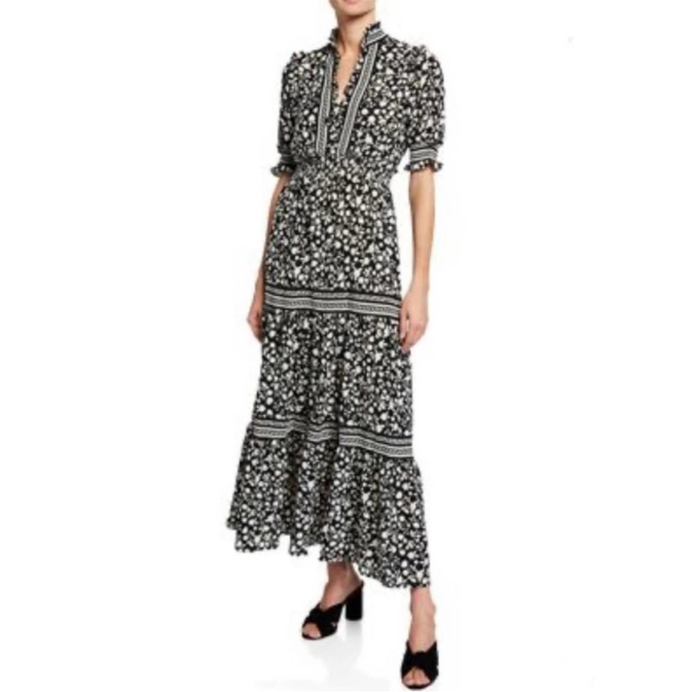 Max Studio Black White Floral Ruffle Collar Smocked Tiered Maxi Dress Size XS